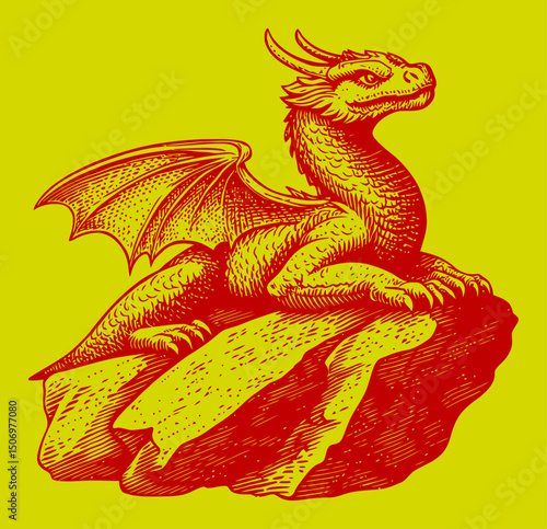 Detailed Vintage Dragon Engraving on Rock with Bold Lines and Texture