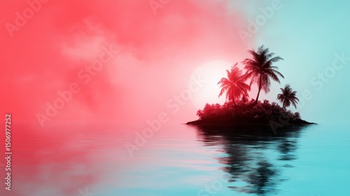 A serene island scene showcasing palm trees silhouetted against a stunning gradient sky, evoking feelings of relaxation and escape into nature's beauty.