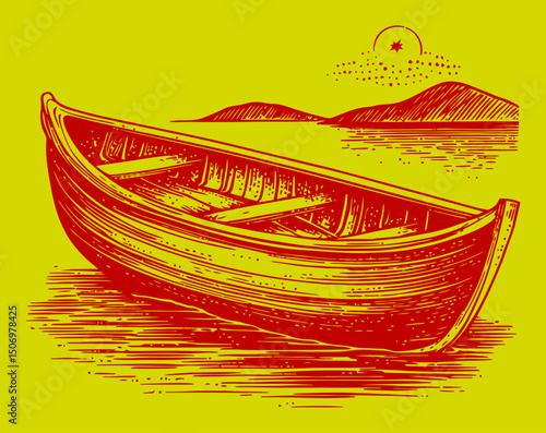 Vintage Engraving of a Rowboat on Water with Distant Hills