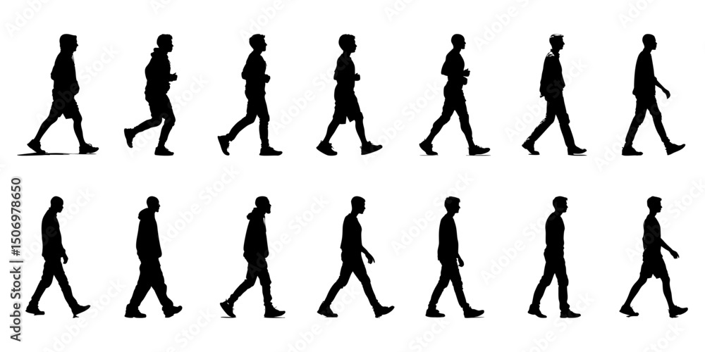 Obraz premium Walking Men Silhouette Icon Set. Dynamic Motion And Posture Reference Solid Symbol Collection. Isolated Vector Illustration