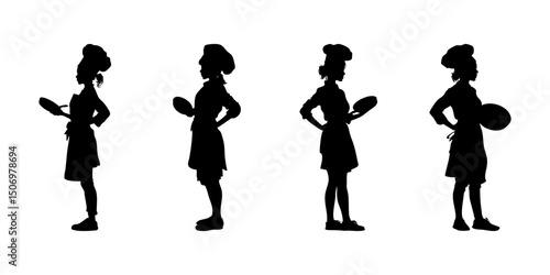 Chef Silhouettes In Side View Solid Icon Set. Culinary Arts And Cooking Theme Symbol Collection. Restaurant And Kitchen Staff Visuals. Isolated Vector Illustration