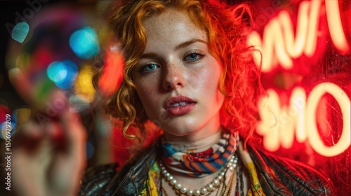 Youthful radiance portrait with vibrant neon glow and bohemian accessories