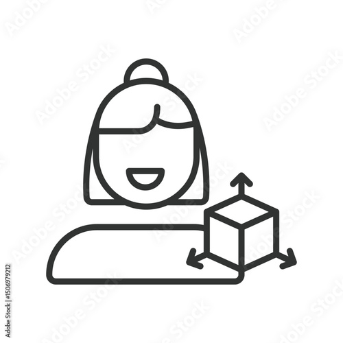 3d designer, icon in line design. 3d designer, modeling, rendering, animation, visual effects, CAD, sculpting on white background vector. 3d designer editable stroke icon