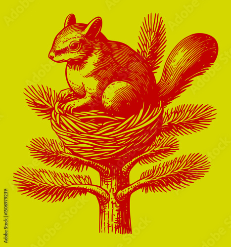 Detailed Engraving of Squirrel in Nest on Tree Branch