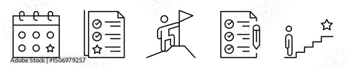 Conjunto de iconos de planificación de metas. Organización, motivación y logro de objetivos. Meta destacada, lista de tareas, meta alcanzada, progreso anotado, escalera de éxito. Ilustración vectorial