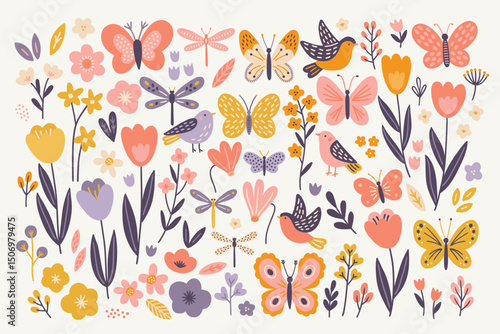 Floral set -  butterflies, dragonflies, birds, meadow flowers, tulips, leaves on white background. Perfect for spring and summer greeting cards, decorations. Vector hand drawn illustration