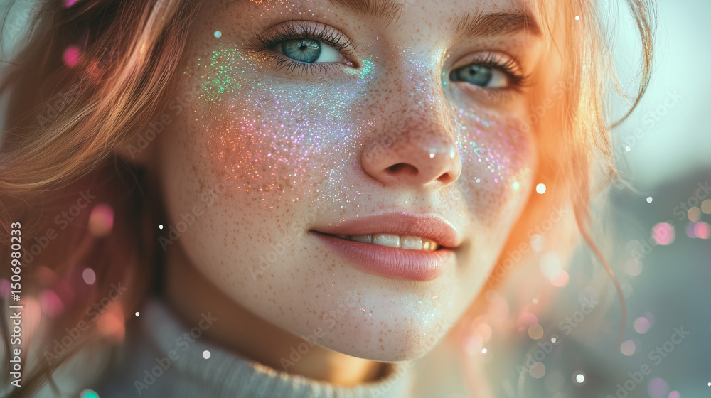 Obraz premium Closeup portrait of a woman with ethereal iridescent light illuminating her face, suitable for beauty and spiritualthemed projects.