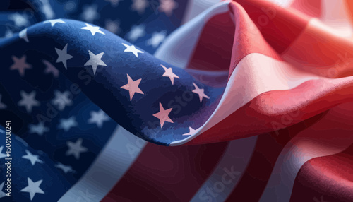 Close Up of Waving American Flag, Red White Blue Fabric