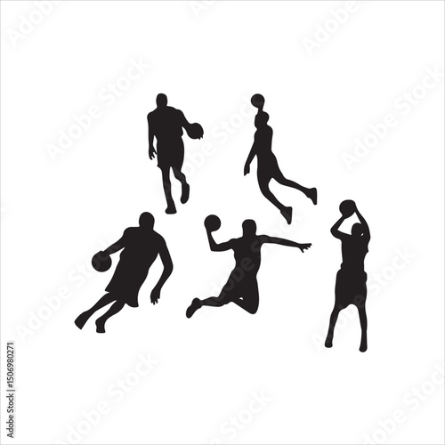 vector silhouettes of people, Silhouettes of Basketball Players in Action, basketball, silhouette, players, sports, action, dribbling, shooting, dunking, jump shot, athletic, black and white, motion, 