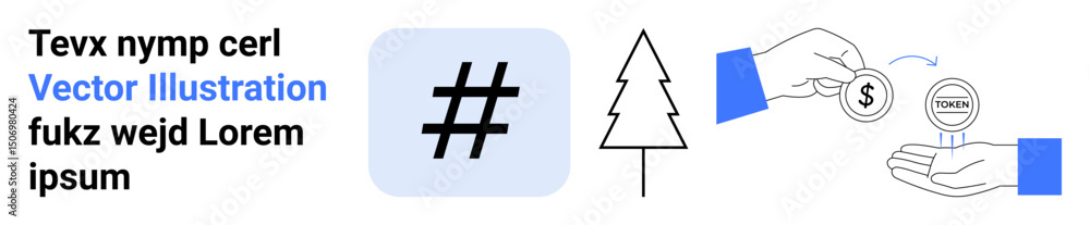 Fototapeta premium metadata tag symbol, tree outline, and hand transferring coins into another hand. Ideal for social media, environment, charity, finance, sustainability, education and simple landing page