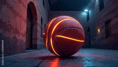 Glowing Basketball in Dark City Alley at Night