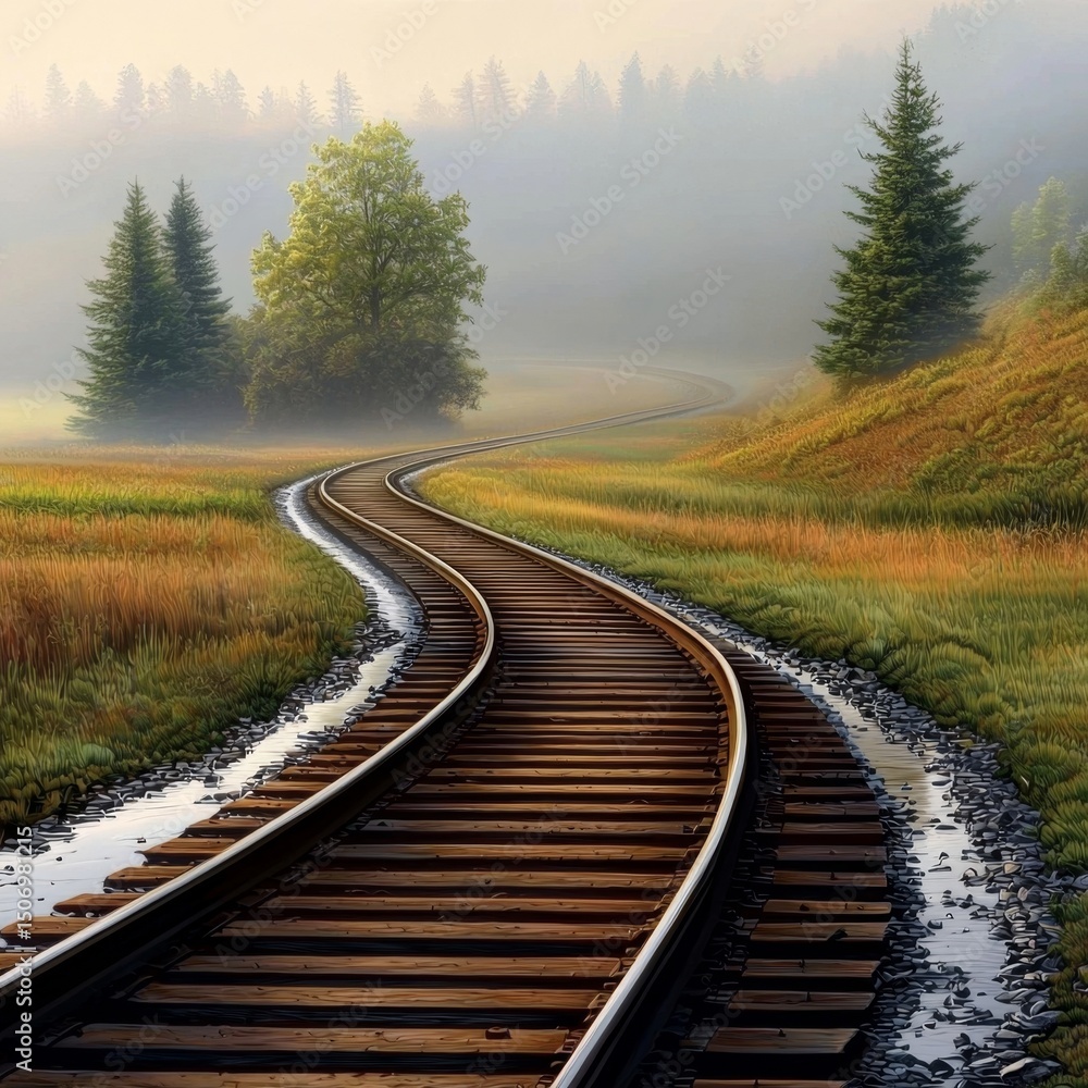 Fototapeta premium Nostalgic remnants of old railroad tracks set against rural landscapes.