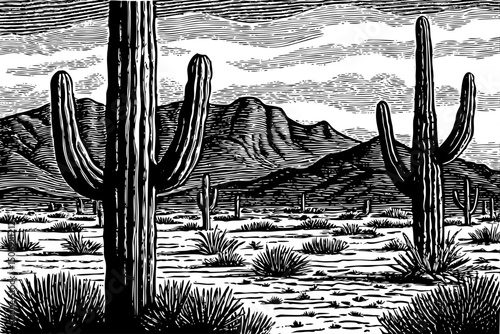 Desert landscape with cacti and mountains black and white isolated hand drawn sketch