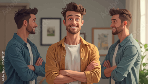 Happy Man with Two Duplicates in a Casual Home Setting