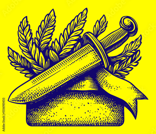 Detailed Vintage Engraving of a Knife Surrounded by Foliage Design
