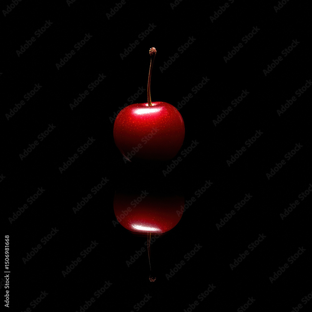 Obraz premium Bright red cherry on black reflective surface