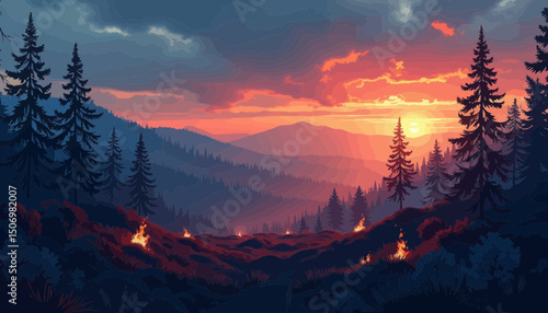 Pixel Art Sunset Landscape: Fiery Sky Over Silhouetted Mountains