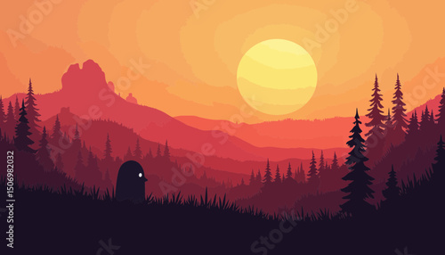 Pixel Art Sunset Landscape with Silhouette Figure