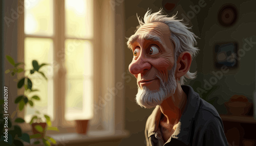 Portrait of a Happy Elderly Man by a Sunlit Window