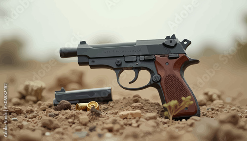 Semi Automatic Pistol on Dry Ground with Ammunition