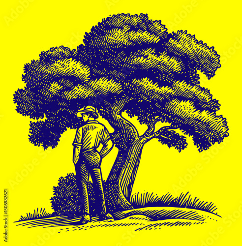 Man Standing Beside a Large Tree in Detailed Engraved Style Artwork