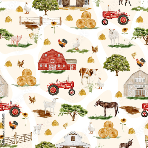 adorable seamless pattern with farm animal and nature element series vector format
