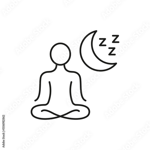 Person Meditating With Moon And Sleep Icon. Nighttime Relaxation, Mindfulness, And Sleep Enhancement Outline Symbol. Meditation For Better Sleep. Editable Stroke. Isolated Vector Illustration