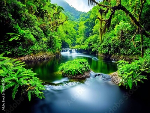 A tranquil waterway cutting through dense tropical foliage.