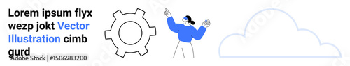 Person pointing upward, gear icon for settings, cloud sketch. Ideal for technology, cloud computing, customization, user experience, innovation, workflow simple landing page