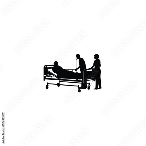 Silhouette of hospital bed with patient receiving care on white background