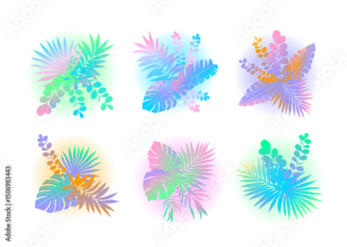 Set of compositions with tropical leaves in the Hawaiian style. Delicate gradient color transitions and grainy texture.