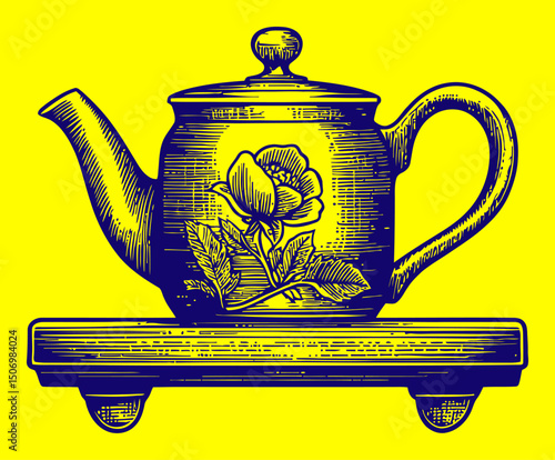 Vintage Teapot Engraving with Floral Design on Wooden Base
