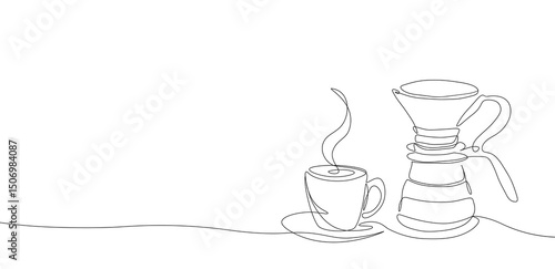 Continuous one line drawing of coffee cup and pour over brewer. Coffee dripper with mug art print, barista equipment poster design. Minimalist vector illustration