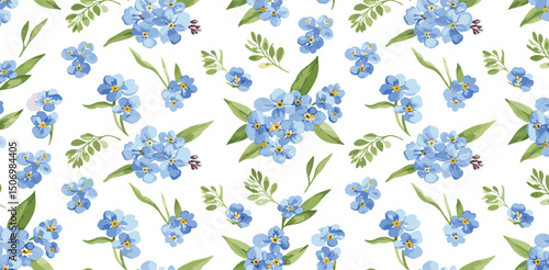 Blue delicate forget-me-not flowers and field grass. Spring botanical watercolor seamless pattern on white background, suitable for eco-branding, packaging, cards, wedding designs, botanical prints