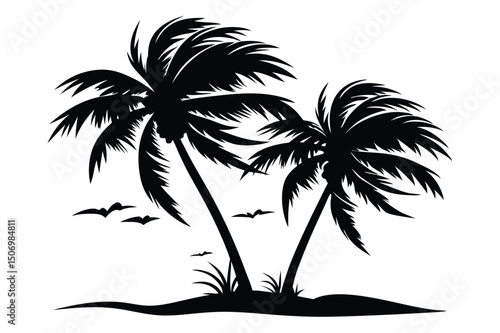 Silhouetted Tropical Island Scene with Palm Trees and Flying Birds Illustration Graphic