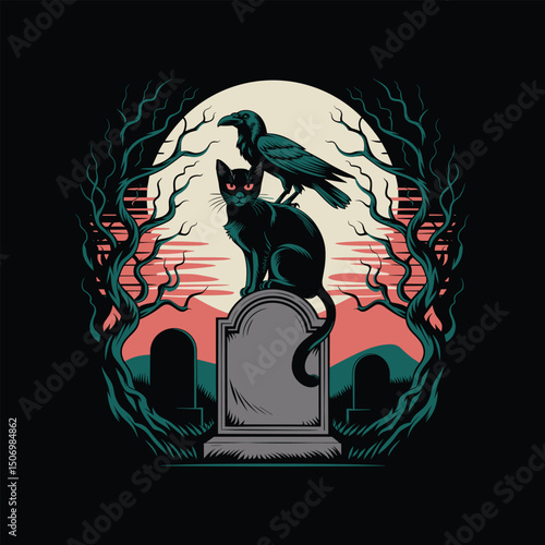 Gothic Black Cat and Raven on Tombstone with Full Moon – Spooky Graveyard Illustration
