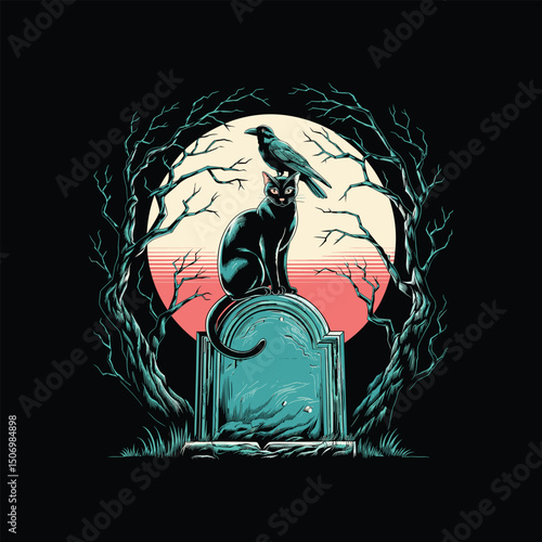 Gothic Black Cat and Raven on Tombstone with Full Moon – Spooky Cemetery Illustration