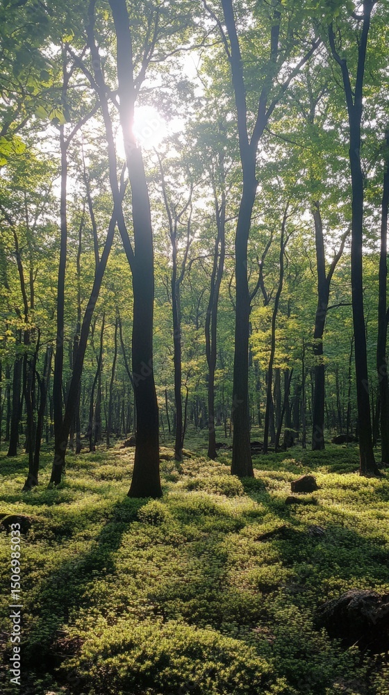 Fototapeta premium Sunlight filters through trees in a lush forest revealing green undergrowth in early morning