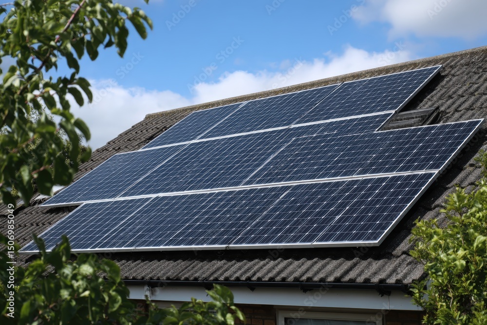 Fototapeta premium Solar panels installed on a house roof generate clean energy under a blue sky with scattered clouds.