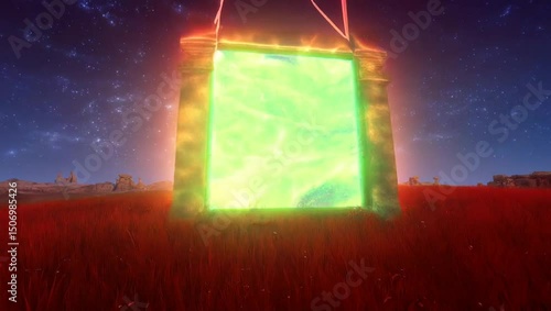 Mystical Portal A Glowing Gateway in a Red Field Under the Starlit Sky Leading to Another World