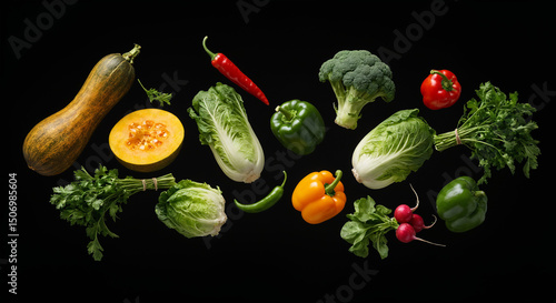 Floating fresh vegetables on black background 