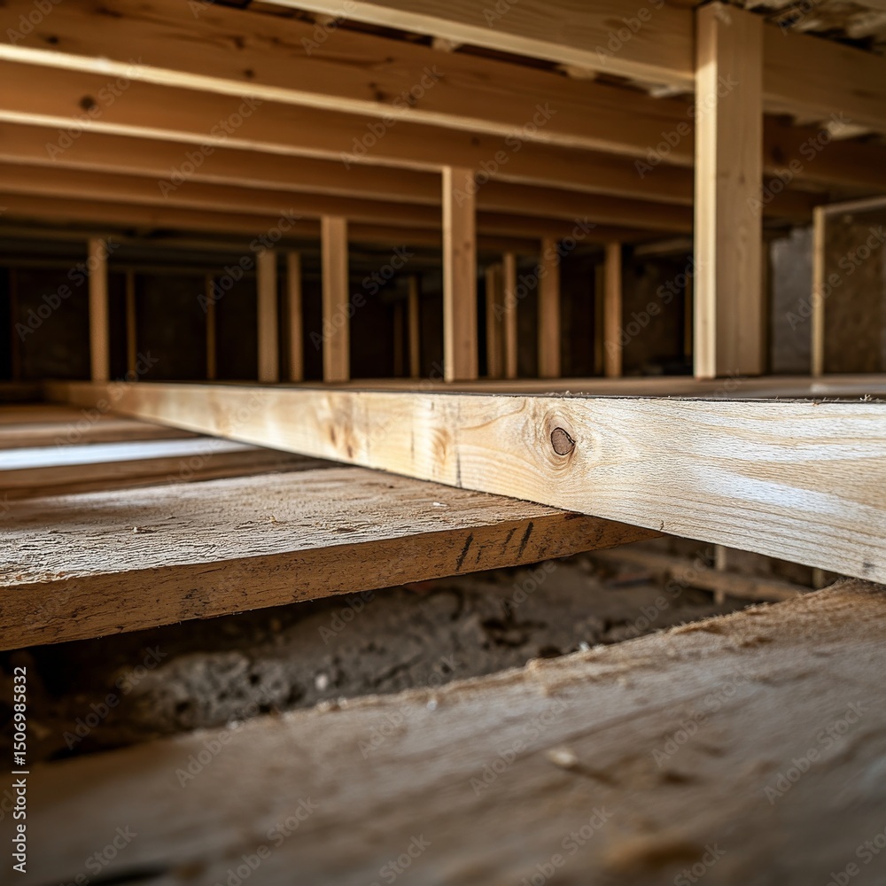 Wood Beams and Flooring Framework in an Empty Basement Interior Wood Beams and Flooring Framework in an Empty Basement Interior