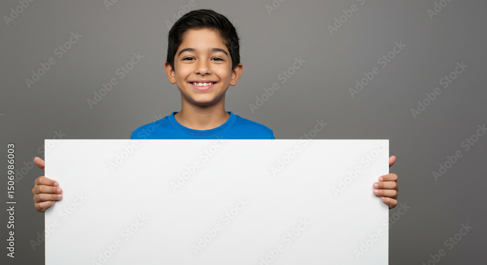 A smiling boy in a blue shirt holding a blank white sign against a solid gray background in a studio shot A smiling boy in a blue shirt holding a blank white sign against a solid gray background in a studio shot