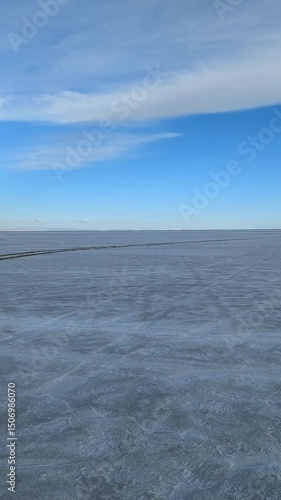 Bonneville Salt Flats pan shows tire tracks, car, and mountains