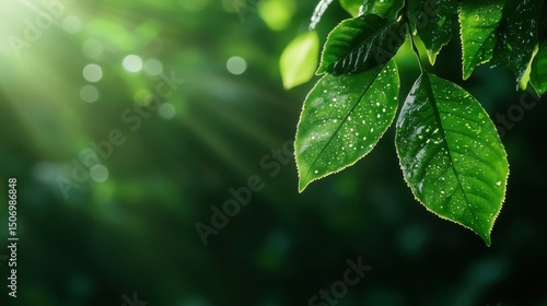 Sunlight filters through leaves adorned with fresh raindrops, creating a serene and tranquil atmosphere that highlights the beauty of nature's greenery and vitality.