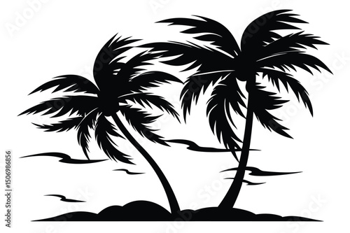 Two Silhouette Palm Trees Overlooking Tropical Ocean Scene, Black Sand Beach, and Birds Flying