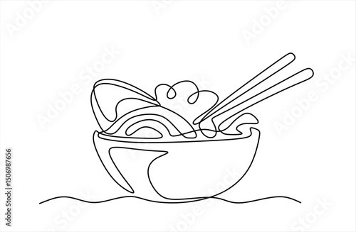 Ramen soup noodles vector banner, background. One continuous line art drawing banner. Editable stroke.	