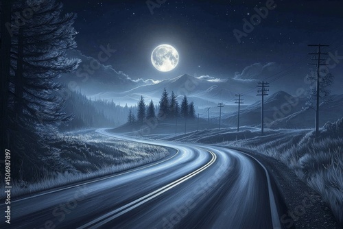 The deserted road under a bright full moon.
