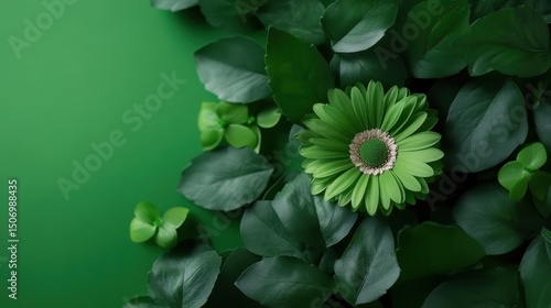 This artistic image features a stunning green flower surrounded by lush leaves, creating a vivid and refreshing composition that symbolizes growth and vitality.
