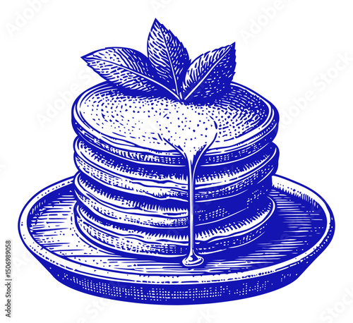 Detailed Vintage Engraving of Delicious Pancakes with Maple Syrup Drizzle